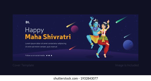 Happy Maha Shivratri festival Facebook cover page template vector illustration. Lord Shiva dancing with goddess Parvati.