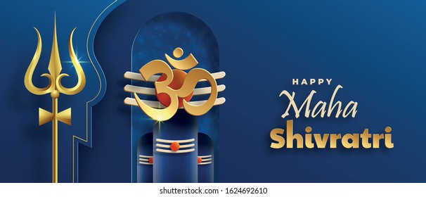 Happy Maha Shivratri festival, the Hindu festival of Shiva Lord with oriental elements and trishula of shiva on paper color background with Om Namah Shivaya (translate : maha shivratri)