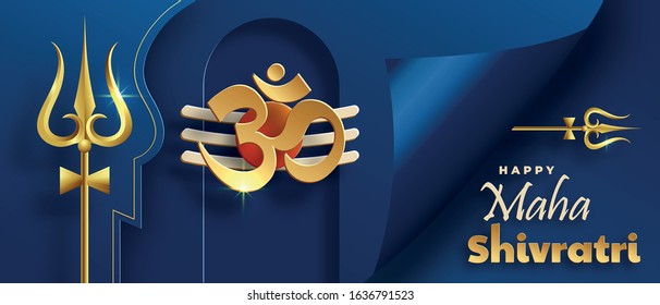 Happy Maha Shivratri festival, the Hindu festival of Shiva Lord with oriental elements and trishula of shiva on paper color background with Om Namah Shivaya (translate : maha shivratri)