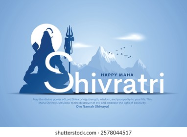 Happy maha shivratri greeting card with lord shiva silhouette meditating and trishul, background of himalayas. Creative vector illustration design.