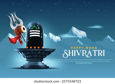 Happy maha Shivratri, a Hindu festival celebrated of lord shiva night. Creative vector illustration design with shivling and Trishul on himalays.