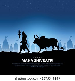 Happy maha Shivratri, a Hindu festival celebrated of lord shiva night. Creative vector illustration design with lord shiv and Nandi walking on mountain. Background of temples.