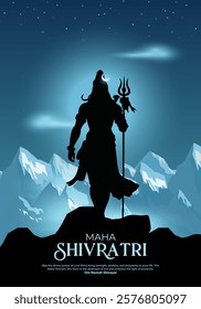 Happy maha Shivratri, a Hindu festival celebrated of lord shiva night. Creative vector illustration design with silhouette of lord shiva and background of Himalayas.