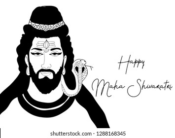 Happy Maha Shivratri, Lord Shiva sitting in lotus pose with traditional snake, trident and drum. Simple lines, card lines, India vector illustration