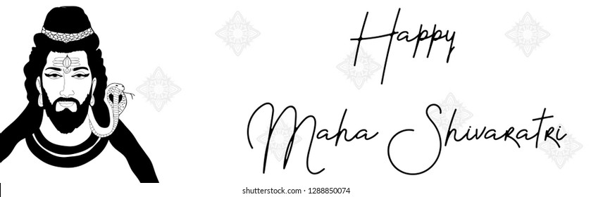 Happy Maha Shivratri, Lord Shiva sitting in lotus pose with traditional snake, trident and drum. Simple lines, card lines, India vector illustration