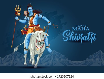 happy maha Shivratri mahadev ride with Nandhi , a Hindu festival celebrated of lord shiva night, english calligraphy. vector illustration design