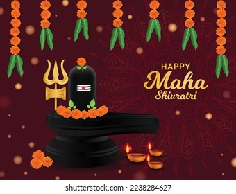 Happy Maha Shivratri Poster. Greeting Card for Traditional Hindu festival with shivling, trishul, bilva leaf and flowers. Social media post Design Template, Website promotion Vector Illustration art