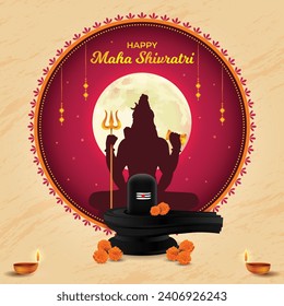 Happy Maha Shivratri. Shivling, Lingam, Moon, Trident and Mandala. Traditional Hindu Festival Poster Banner Design Template Vector Illustration. Square Social media post, promotion, greeting graphic	