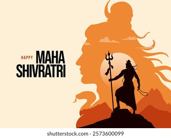 Happy Maha Shivratri text with Lord Shiva Illustration, and Temple background, Traditional Festival Poster Banner Design Template Vector Illustration