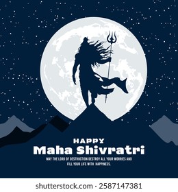 Happy Maha Shivratri Wishes Background with Lord Shiva Silhouette Vector. Celebrate the Great Night of Lord Shiva with this spiritual and festive design. 