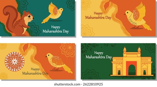 Feliz Dia de Maharashtra Horizontal Vetor Banner Set - Símbolos de Estado e Gateway da Índia Ilustrações