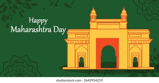 Happy Maharashtra Day Horizontal Vector Banner- State Symbols and Gateway of India Illustrations