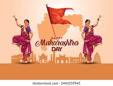 Feliz Día de Maharashtra con el mapa de Maharashtra y la danza lavani.