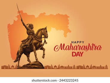 happy Maharashtra Day with Maharashtra map vector and Shivaji Maharaj. abstract vector illustration day