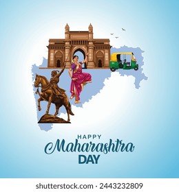 happy Maharashtra Day with Maharashtra map vector and Shivaji Maharaj. abstract vector illustration day