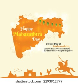 Happy Maharashtra Day, May 1st, India, Celebrate, E Greeting, Wishes, Chatrapati Sivaji Maharaj, Gateway of India,  Lavani Dance, Marathi People,  Dholki, Social Media Post Vector Design Template
