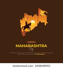 Happy Maharashtra Day Post und Grußkarte Design. Minimal und Modern Maharashtra Diwas Banner mit Shivaji Maharaj und Text-Vektorillustration