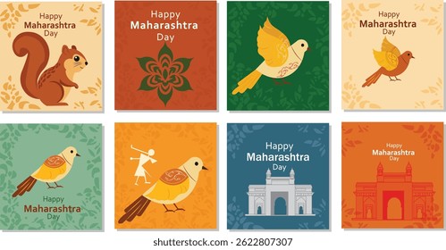 Happy Maharashtra Day Vector Greeting Card Set - State Symbols, Gateway of India and Warli Art Illustrations