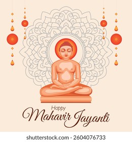 Happy Mahavir Jayanti Illustration – Lord Mahavir in Meditative Pose with Intricate Mandala Art and Hanging Lamps, Perfect for Jain Festival Posters, Greeting Cards, and Spiritual Graphics