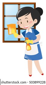 Happy maid cleaning window illustration