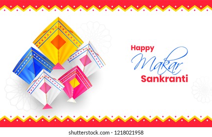 Happy Makar Sankranti background decorated with colorful kites for festival celebration. Can be used as greeting card design.