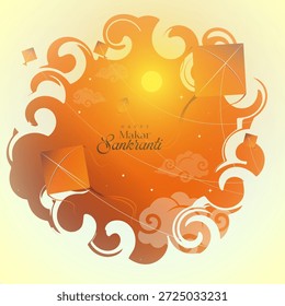 Feliz Makar Sankranti fundo com papagaios laranja voando em um céu brilhante sunburst com nuvens de redemoinho estilizado; ideal para saudações de festival de colheita indiana e cartazes.