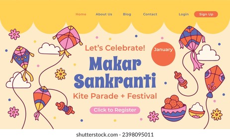 Happy Makar Sankranti background. Makar Sankranti Festival celebration. January 15. Cartoon Vector illustration design Template for Poster, Banner, Flyer, Greeting, Card, Post, Cover. Hindu festival.