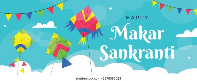 Happy Makar Sankranti background. Makar Sankranti Festival celebration. January 15. Cartoon Vector illustration design Template for Poster, Banner, Flyer, Greeting, Card, Post, Cover. Hindu festival.