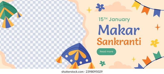 Happy Makar Sankranti background. Makar Sankranti Festival celebration. January 15. Cartoon Vector illustration design Template for Poster, Banner, Flyer, Greeting, Card, Post, Cover. Hindu festival.