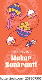 Happy Makar Sankranti background. Makar Sankranti Festival celebration. January 15. Cartoon Vector illustration design Template for Poster, Banner, Flyer, Greeting, Card, Post, Cover. Hindu festival.