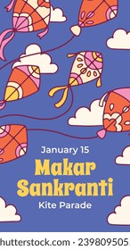 Happy Makar Sankranti background. Makar Sankranti Festival celebration. January 15. Cartoon Vector illustration design Template for Poster, Banner, Flyer, Greeting, Card, Post, Cover. Hindu festival.