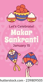 Happy Makar Sankranti background. Makar Sankranti Festival celebration. January 15. Cartoon Vector illustration design Template for Poster, Banner, Flyer, Greeting, Card, Post, Cover. Hindu festival.