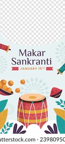 Happy Makar Sankranti background. Makar Sankranti Festival celebration. January 15. Cartoon Vector illustration design Template for Poster, Banner, Flyer, Greeting, Card, Post, Cover. Hindu festival.