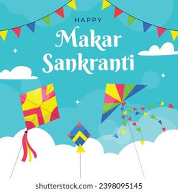 Feliz pasado de Makar Sankranti. Celebración del Festival Makar Sankranti. 15 de enero. Plantilla de diseño de ilustración de vectores de dibujos animados para afiches, pancartas, volantes, saludo, tarjeta, mensaje, portada. Festival hindú.