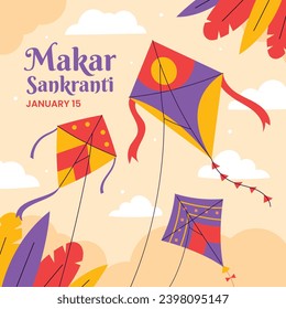 Happy Makar Sankranti background. Makar Sankranti Festival celebration. January 15. Cartoon Vector illustration design Template for Poster, Banner, Flyer, Greeting, Card, Post, Cover. Hindu festival.