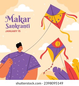 Happy Makar Sankranti background. Makar Sankranti Festival celebration. January 15. Cartoon Vector illustration design Template for Poster, Banner, Flyer, Greeting, Card, Post, Cover. Hindu festival.