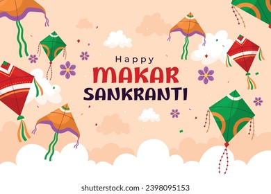 Happy Makar Sankranti background. Makar Sankranti Festival celebration. January 15. Cartoon Vector illustration design Template for Poster, Banner, Flyer, Greeting, Card, Post, Cover. Hindu festival.