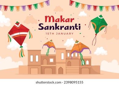 Happy Makar Sankranti background. Makar Sankranti Festival celebration. January 15. Cartoon Vector illustration design Template for Poster, Banner, Flyer, Greeting, Card, Post, Cover. Hindu festival.