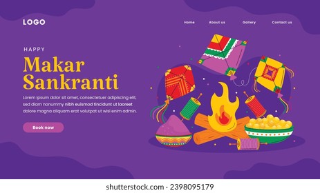 Happy Makar Sankranti background. Makar Sankranti Festival celebration. January 15. Cartoon Vector illustration design Template for Poster, Banner, Flyer, Greeting, Card, Post, Cover. Hindu festival.