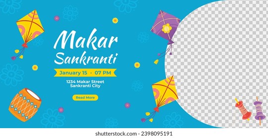 Happy Makar Sankranti background. Makar Sankranti Festival celebration. January 15. Cartoon Vector illustration design Template for Poster, Banner, Flyer, Greeting, Card, Post, Cover. Hindu festival.