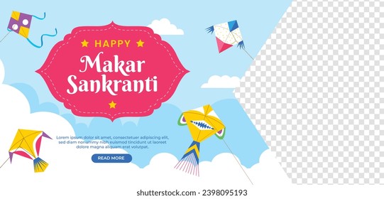 Happy Makar Sankranti background. Makar Sankranti Festival celebration. January 15. Cartoon Vector illustration design Template for Poster, Banner, Flyer, Greeting, Card, Post, Cover. Hindu festival.