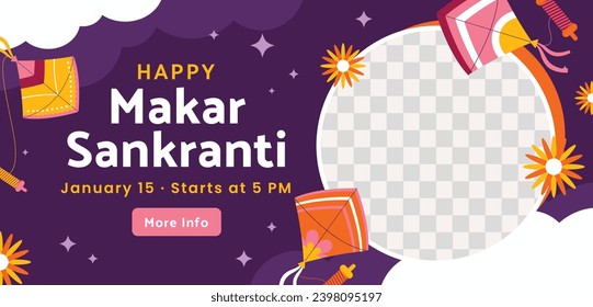 Happy Makar Sankranti background. Makar Sankranti Festival celebration. January 15. Cartoon Vector illustration design Template for Poster, Banner, Flyer, Greeting, Card, Post, Cover. Hindu festival.