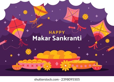 Happy Makar Sankranti background. Makar Sankranti Festival celebration. January 15. Cartoon Vector illustration design Template for Poster, Banner, Flyer, Greeting, Card, Post, Cover. Hindu festival.