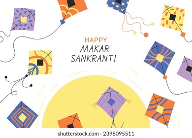 Happy Makar Sankranti background. Makar Sankranti Festival celebration. January 15. Cartoon Vector illustration design Template for Poster, Banner, Flyer, Greeting, Card, Post, Cover. Hindu festival.