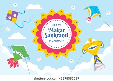 Happy Makar Sankranti background. Makar Sankranti Festival celebration. January 15. Cartoon Vector illustration design Template for Poster, Banner, Flyer, Greeting, Card, Post, Cover. Hindu festival.