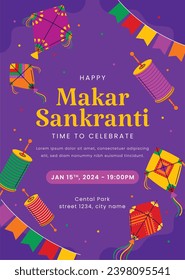 Happy Makar Sankranti background. Makar Sankranti Festival celebration. January 15. Cartoon Vector illustration design Template for Poster, Banner, Flyer, Greeting, Card, Post, Cover. Hindu festival.