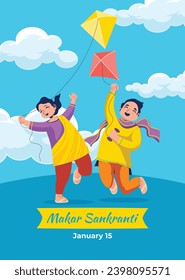 Happy Makar Sankranti background. Makar Sankranti Festival celebration. January 15. Cartoon Vector illustration design Template for Poster, Banner, Flyer, Greeting, Card, Post, Cover. Hindu festival.