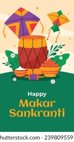 Happy Makar Sankranti background. Makar Sankranti Festival celebration. January 15. Cartoon Vector illustration design Template for Poster, Banner, Flyer, Greeting, Card, Post, Cover. Hindu festival.