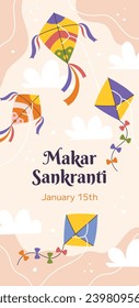 Happy Makar Sankranti background. Makar Sankranti Festival celebration. January 15. Cartoon Vector illustration design Template for Poster, Banner, Flyer, Greeting, Card, Post, Cover. Hindu festival.