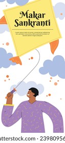Happy Makar Sankranti background. Makar Sankranti Festival celebration. January 15. Cartoon Vector illustration design Template for Poster, Banner, Flyer, Greeting, Card, Post, Cover. Hindu festival.